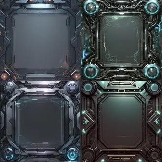 masterpiece, best quality, ultra-detailed. an empty yu-gi-oh card frame, maliss style cyberpunk metallic tech frame. dark silver and titanium black metal texture, glowing electronic circuits, holographic binary code lines. glitch art effects on the edges. two empty circular holographic energy rings on the top-left and bottom-right corners. the center is completely empty, just a dark grey background. full frame composition, 1:1 aspect ratio.