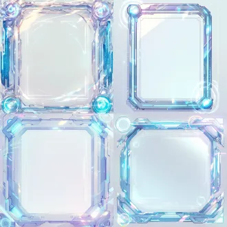 masterpiece, best quality, 2d anime illustration style. an empty yu-gi-oh card frame, elegant holographic cyber tech frame. thin glowing outlines, semi-transparent glass-like edge, clear cel-shading style, pastel blue and silver gradient light. floating holographic ui lines, tiny binary codes. two empty circular glowing energy rings on the top-left and bottom-right corners. the center is completely empty, solid light grey background. full frame, 1:1 aspect ratio.