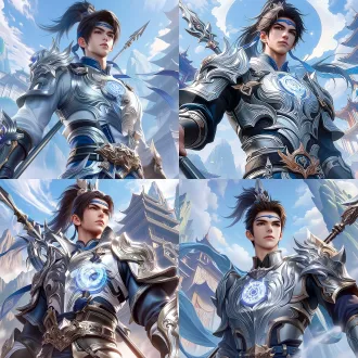 参考图少年角色，不是成人体型，黑色高马尾，蓝色额带，东方玄幻少年，清瘦少年体型。强烈低机位大仰视镜头，从人物下方向上看，镜头贴近地面，人物高于镜头，胸甲在仰视透视下突出。角色正面半身，持矛，胸甲朝向镜头，但不是平视立绘。重点表现厚重立体的银色胸甲与肩甲，不是白甲，不是薄铁片。胸口中央悬浮圆形发光神纹，像悬浮咒印，不是长在胸甲上的圆片，银色神纹向外扩散。表情坚毅、不服气、自尊、自傲，战斗张力强，游戏插画厚涂画风。人物占画面30%到40%。背景必须有远景山峦、云海、门派古建筑、修仙宗门，建筑和山体向上延伸，背景清晰，不要过度虚化。
