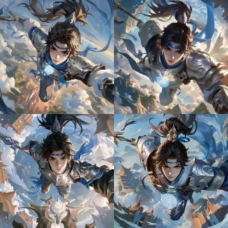 少年角色，按照图1的构图，色调场景按照图1，参考图2的画风，黑色高马尾，蓝色额带，东方玄幻少年，从下往上看，蚂蚁视角，清瘦少年体型。强烈低机位大仰视镜头，从人物下方向上看，广角透视，镜头贴近地面，人物高于镜头，胸甲在仰视透视下突出。角色正面半身，持矛，胸甲朝向镜头，但不是平视立绘。画面张力强，重点表现厚重立体的银色胸甲与肩甲，不是白甲，不是薄铁片。胸口中央悬浮圆形发光神纹，像悬浮咒印，不是长在胸甲上的圆片，银色神纹向外扩散。表情坚毅、不服气、自尊、自傲，战斗张力强，游戏插画厚涂画风。人物占画面40%到50%。背景必须有远景山峦、云海、门派古建筑、修仙宗门，建筑和山体向上延伸，背景清晰，不要过度虚化。