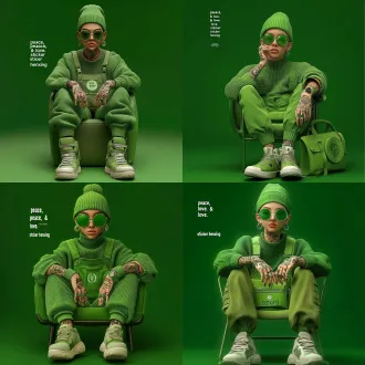 "peace, & love." text on left, "sticker henxing" logo on right, a person wearing green beanie, green sweater, green overalls, green bag, green watch, white sneakers with green accents, green round sunglasses, earrings, tattoos on hands and neck, sitting on green chair, green background, ultra - realistic, 3d rendering