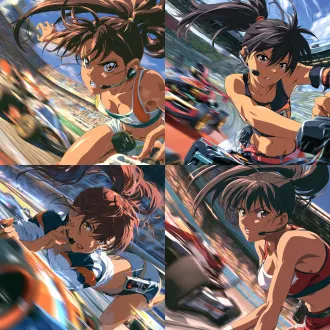 bakusou kyoudai let's & go!! anime style, full body dynamic shot of jo suhna, leaning forward to control mini 4wd beside the track, high ponytail fluttering in wind, focused sharp eyes, pressed lips, communication headset fitting close to cheek. wearing cosmo racers team sportswear, remote control clipped to waist, motion blur of speeding racing car on track，crop top. afternoon stadium lighting, athletic tension, passionate race atmosphere, dynamic blur effect, cinematic composition, hd delicate, cel shading