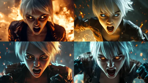 "少女怒吼特写，暗黑科幻背景，扭曲光影，星痕魔法特效，神话风格，面部狰狞，头发狂舞，机械眼发光，嘴部张大喊叫，高对比度，广角镜头，动态模糊，冷色调，冲击波效果，强烈情绪表达，张力十足，细节精致，超现实主义，暗影与高光交织，神秘氛围，银白色短发，深棕色皮质飞行员夹克，战术手套，废土风格，戏谑微笑转为愤怒，皮肤白皙，光影交错，未来感与神话元素融合。"