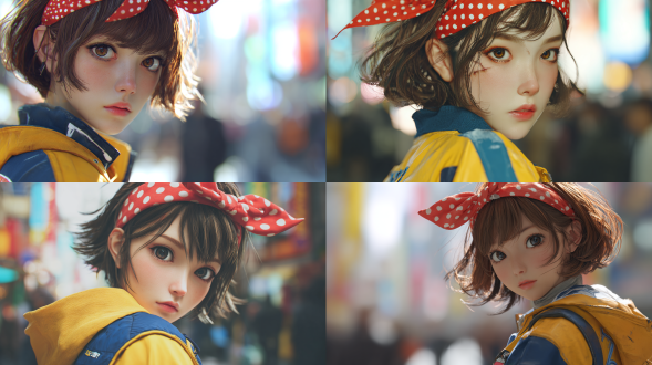 3d rendered anime style, semi-realistic anime girl, delicate facial features, large expressive eyes, brown short hair with red polka dot headband, wearing yellow and blue color-block jacket, modern streetwear fashion, blurred japanese city street background, cinematic lighting, soft side lighting, high-quality 3d modeling, detailed hair highlights, realistic skin texture, depth of field, close-up portrait, slightly low angle view, ultra-high detail, 8k resolution, unreal engine quality