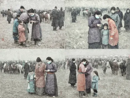 oil painting, chinese realistic genre painting, group of mongolian people in traditional ethnic del robes on misty vast steppe, foreground middle aged ethnic women and two little kids, woman in mauve robe looking at mobile phone, woman in pink robe bending down to caress little girl's back, one child wearing blue face mask, distant blurred crowds and horse herds in hazy drizzle, thick impasto brush texture, soft desaturated muted color palette, solemn folk festival atmosphere, lifelike natural character expressions, documentary aestheti