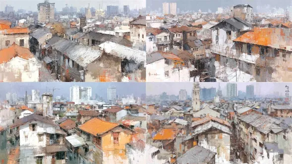 freehand contemporary chinese oil painting, overlooking scattered old residential rooftops of historical downtown alley, desaturated muted palette of beige, light brown, ash gray and off white, thick impasto texture, rough scratched mottled paint surface, hazy abstract distant building silhouette, quiet nostalgic atmosphere, clear linen canvas grain, no bright saturated colors
