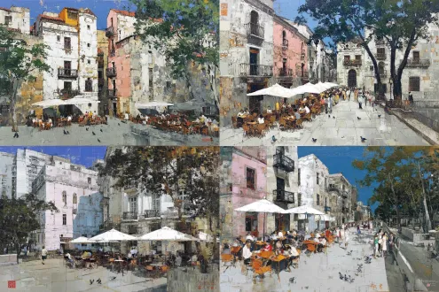 impressionist plein air oil painting, sunlit southern european city plaza, sidewalk outdoor cafes with printed white parasols, groups of visitors sitting at tables chatting, strolling pedestrians, pigeons wandering on sunlit pavement, vintage pastel pink and white mediterranean apartment buildings with iron balconies, lush green tree branches extending from top right, dappled tree shadows on ground, thick textured oil paint brushstrokes, bright warm cheerful color palette, sunny pale blue sky,