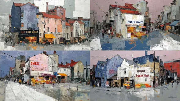 palette knife oil painting, impressionist city plein air sketch, thick textured brushstrokes, bristol old town street corner scene, vintage retro grocery store with "bristol sweet mart 1978" sign on outer wall, building facades covered in vibrant colorful street graffiti, sidewalk fresh fruit stall, scattered casual pedestrians on footpath, string fairy lights strung across above the street, old red pitched roof terraced houses in distant background, overcast soft diffused daylight, wet asphalt road, painterly loose brushwork, heavy canvas texture, cozy atmospheric everyday street vibe