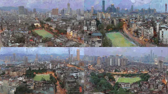 aerial high-angle overlooking shot, guangzhou cityscape at blue hour dusk, foreground dense aging low-rise residential buildings community, illuminated bright green striped artificial turf football field in the center of old neighborhood, small green community lawns, mid-ground urban viaduct with moving car light trails, distant full view of zhujiang new town cbd dense modern skyscraper skyline, canton tower visible on the far right, gradient purple blue sky with wispy thin clouds, city lights just turned on, sharp contrast between old downtown and new central business district, realistic urban documentary photography, super detailed, 8k, high clarity, cinematic atmosphere