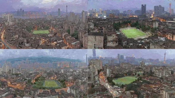 aerial high-angle overlooking shot, guangzhou cityscape at blue hour dusk, foreground dense aging low-rise residential buildings community, illuminated bright green striped artificial turf football field in the center of old neighborhood, small green community lawns, mid-ground urban viaduct with moving car light trails, distant full view of zhujiang new town cbd dense modern skyscraper skyline, canton tower visible on the far right, gradient purple blue sky with wispy thin clouds, city lights just turned on, sharp contrast between old downtown and new central business district, realistic urban documentary photography, super detailed, 8k, high clarity, cinematic atmosphere -