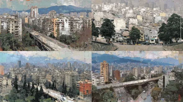 high angle overlook shot of dense south american metropolis residential area, countless mid-century concrete apartment buildings closely packed, layered city skyline fading into thin distant smog, soft early morning side lighting, long soft shadows, muted desaturated vintage film palette, scattered dark green trees between blocks, low urban viaduct with tiny moving cars on the bottom, documentary city photography, shot on kodak portra 400, natural grain, deep depth of field, hyper detailed, realistic