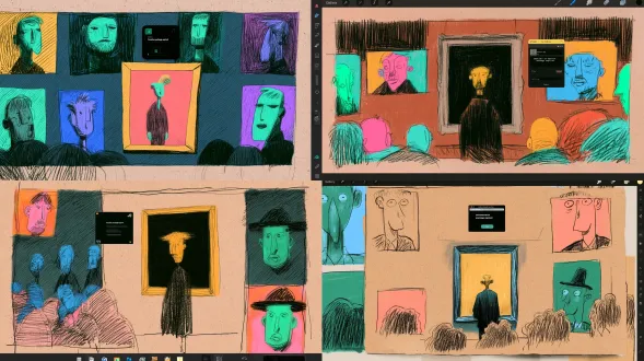loose colored pencil sketch, rough hand-drawn hatching lines, textured kraft sketch paper, distorted whimsical illustration style, imperfect sketch outlines, darren shaddick aesthetic, hand drawn grain, bold flat pop color block, crayon texture, no clean vector, no smooth rendering.funeral scene, solemn room, distorted stylized mourners, one man standing in front of portrait with emotional blank, floating virtual pop-up system window "emotion package expired", loose colored pencil sketch, rough hand-drawn hatching lines, textured kraft sketch paper, imperfect sketch outlines, darren shaddick aesthetic, hand drawn grain, bold flat pop color block, crayon texture