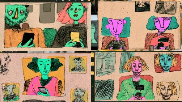 distorted woman sitting for interview, rigid standard smile, empty dull eyes, looking down at mobile phone with pop-up system text, simple irregular indoor room, loose colored pencil sketch, rough hand-drawn hatching lines, textured kraft sketch paper, distorted whimsical illustration style, imperfect sketch outlines, darren shaddick aesthetic, hand drawn grain, bold flat pop color block, crayon texture