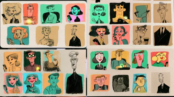 loose colored pencil sketch, rough hand-drawn hatching lines, textured kraft sketch paper, distorted whimsical illustration style, imperfect sketch outlines, darren shaddick aesthetic, hand drawn grain, bold flat pop color block, crayon texture, no clean vector, no smooth rendering, animation short film character sheet, 5 separate character portraits arranged on one page, simple plain background 1. smiling woman, about 30 years old, workplace white-collar, delicate makeup, neat suit, hair perfectly tidy, standard upward smile, no laugh lines around eyes, upright standing, holding mobile phone 2. comforting man, around 35 years old, sitting straight like interview, shirt buttoned to top, glowing wristwatch, polite distant face, brief smile that does not reach eyes 3. social media girl, woman in her 20s, fashionable style, bright makeup, holding phone, sweet smile but tired eyes 4. pantry man, ordinary office worker around 30, slightly wrinkled shirt, holding coffee cup 5. funeral man, thin middle-aged man, black mourning suit, blank expression, empty staring eyes