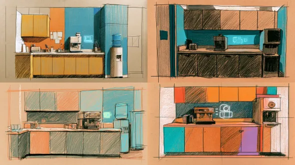 loose colored pencil sketch, rough scratchy hatching lines, textured kraft tan sketch paper, distorted whimsical cartoon illustration, imperfect shaky hand-drawn outlines, darren shaddick aesthetic, crayon marker texture, bold flat pop color blocks, hand drawn grain, film grain, slight sketch smudge, no clean vector, no smooth rendering, muted + bright contrast color, hand sketch storyboard sheet empty office pantry, documentary flat composition, countertop with simple coffee machine, cabinets and water dispenser, plain cool office lighting, faint hand-drawn glowing text ui floating next to coffee machine, boring sterile daily workplace, no people, break room layout sketch