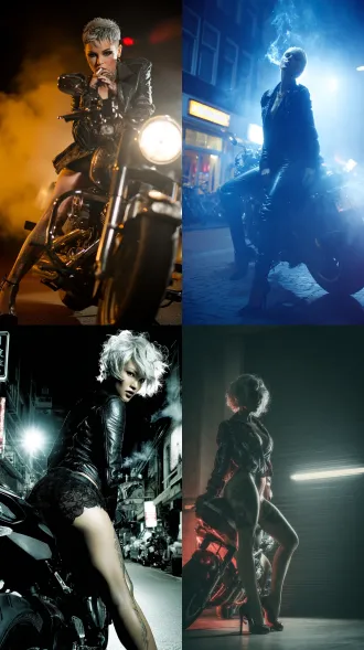 低角度全身街景，光绘效果，纹身艺术细节，电影灯光氛围，轮廓光与环境光交织，皮夹克，欧洲女性，银发，倚靠摩托车，吸烟姿态，浓妆，深v，高跟鞋，九头身比例，leggy，长腿，对比色光效，骨感，广角镜头，动态模糊，霓虹色调，暗黑风格，冷光与暖光碰撞，高对比度，烟熏妆，叛逆气质，金属质感。