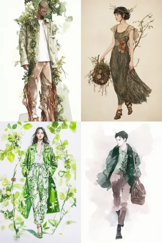 矢岛功水彩时装画，全身构图，秀场背景，古木年轮肌理，莫兰迪橄榄绿浅棕，oversize廓形，年轮提花树皮压印，木质纽扣藤编配饰，柔和漫光，自然复古共生氛围。