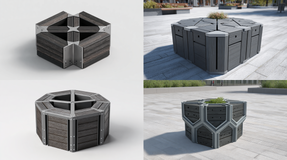 一张产品示意图，展示一个现代简约风格的六边形户外景观种植箱，同时可作坐凳使用。箱体由银色铝合金型材和深灰色木纹塑木板构成。重点展示其独特的插接结构：六边形的六个边由带有特殊截面的型材组成，在六个角处完美地斜接拼合在一起，没有任何外露的螺栓或连接件。侧面立板上有清晰的竖向槽口。整体呈现干净、稳固、模块化的工业设计美感，背景为公园或庭院环境。
