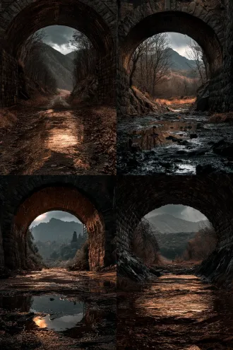 废弃砖石桥洞望山野，竖版构图，非对称布局，阴天柔光，暖橙反光，低饱和灰绿锈褐，胶片颗粒，24mm移轴镜头，电影静帧，空间层次，孤寂氛围感