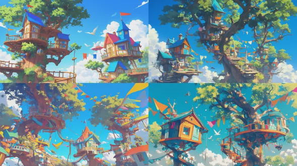 "壁纸设计，三座多彩树屋，形状各异，旋转楼梯和小旗装饰，明亮蓝天，柔和云朵，童趣风格，卡通渲染，广角镜头，高饱和度色彩，温暖阳光，俯视视角，梦幻氛围，快乐轻松，无动物元素，柔和阴影，清新色调，童话感，几何形状，2d插画风，对称构图。"