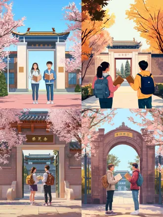 清华学子立于二校门正前方，对称构图，明亮饱和色彩，校园春日盛景，平涂插画风格，8k高清，正侧柔光，手持旧书，青春昂扬，暖色调。