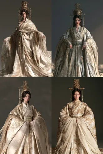 full body character reference, front view, standing straight with arms slightly away from the body, a chinese celestial maiden in an extremely ornate silver-white hanfu, heavy gold thread embroidery of cloud and phoenix motifs across the chest and wide sleeves, layered translucent gauze over silk, a wide jade-inlaid belt with hanging jade pendants, an elaborate tall crown of gold filigree and pearl drops with long step-shake hairpins, straight black hair, porcelain skin, delicate phoenix eyes, a small red huadian mark between the brows, calm expression looking straight to camera, the entire figure from head to toe clearly visible, neutral even studio lighting, plain dark grey seamless background, no cast shadow on the background, razor sharp detail on fabric weave, costume design reference, 85mm lens