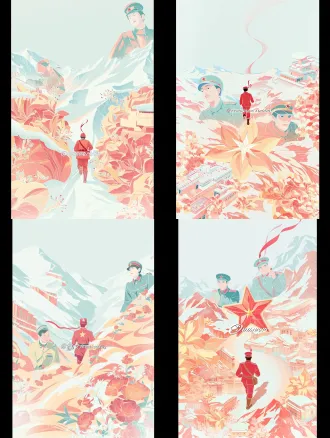 minimalist cinematic poster design. a vast, freezing snowy mountain landscape, drawn in a clean, flat vector style with subtle contour lines. a tiny silhouette of a red army soldier from behind, wearing a bright red star on his hat and a red ribbon, walking upwards. the background is pale cold gray and ice blue. high contrast between the vast cold snow and the vivid red accent. data visualization elements, thin ui lines, cinematic lighting, extremely clean composition