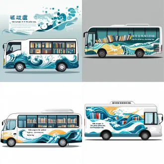 vehicle wrap design, side view of white bus mobile library, flat vector illustration, simple and elegant scholarly style, theme: "tide surges in the yellow sea, charming bajiao bay". elements: ocean wave lines, open books, library logo. color palette: soft blue, light cyan, off-white, gentle colorful flowing lines. high visual recognition, public welfare advertisement for national reading, mobile library service of yantai huangbohai new area library. text layout reserved, avoid window areas, clean vector graphic, white background, printable car livery, high definition, no complex shadows, original design