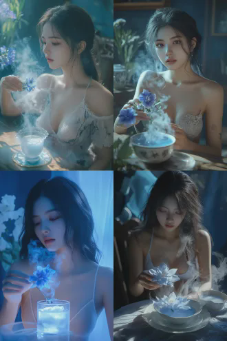 a 20-year-old asian woman,low cut clothing,snow white,very beautiful,with smooth and firm skin. she was adding a mysterious blue plant to a glass of hot water in her villa. smoke rises from the cup while the flowers glow a grey-blue. using 4k 35mm footage, realistic style, applied contrast, ultra-detailed.hd16k