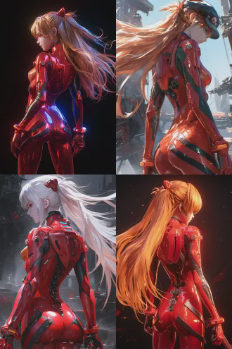 全身像，背面，电影cg特效画风，18岁女性，长发版明日香，动漫面容，皮肤白皙无暇。钛合金，镀铬金属，机械构造，红色战斗服。写实静物，光影分明，精密机械， 黑白背景，机械迷城。 未来主义设计。艺术造型，营造出独特的视觉感受， 商业大片，造型概念图，顶级画面光效顶级渲染。 极繁主义，极致细节，超精细，超高质感，动态姿势，充满张力的镜头，视觉冲击力，夺目的视觉效果，震撼画面，强烈张力，杰作，最佳品质， 0.618黄金比例的身材曲线，8k分辨率，电影感，