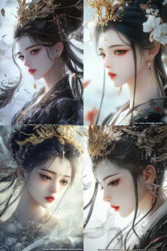 一张由云雾凝聚而成的巨型女娲脸轮廓，各种华丽的东方配饰，头上戴金色冕旒冠，视觉冲击，山海经，五官、头发和云雾融为一体，眼睛往下看，俯瞰整个宇宙，侧面特写背景雾茫茫的海，威严，梦幻，震撼，电影，超现实。东方韵味，震撼，斜侧，100000000k超清电影画质电影光效，超清108000000p。15000000000k级分辨率。明亮感。脸部皮肤白皙光滑，红唇。白色背景。一个女人，精致妆容，眼尾细长，长长的睫毛，长长的黑色长发，蓬松单侧麻花辫，气质温柔长发少女，精美蕾丝刺绣暗纹纹理的超薄黑色紧身衣带耳环，项链。唯美，氛围感。姿势合理，绝美构图，大师杰作，厚涂，oc渲染，光感，动漫风格，漫画风，彩铅画，3d渲染，8k，逼真，瓷白皮肤，构图合理有层次。侧脸角度