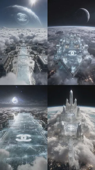 imax 电影级镜头，超未来主义香奈儿科幻美学，顶级高奢时尚大秀，采用 arri alexa 65 大型传感器摄影机拍摄，35mm 定焦镜头，t2.8 光圈，高动态范围 hdr，8k 超高清，逼真的 pbr 材质渲染（钻石、水晶、冷金属、香奈儿双 c 浮雕），体积光，丁达尔效应，史诗般的规模对比，极其严谨的对称构图，浅景深微虚化，冷峻纯净的高级色调（纯白、银色、星空黑）。symmetrical aerial view, a giant chanel interstellar ice temple made of crystal ice and cold metal, hovering above the interstellar sea of clouds at night, a glowing double-c diamond logo inlaid in the center of the temple, ice fog swirling, tyndall beams penetrating the clouds, replicating the cold luxury of karl lagerfeld's iceberg show, epic giant structure, cinematic lighting, 8k photorealistic.