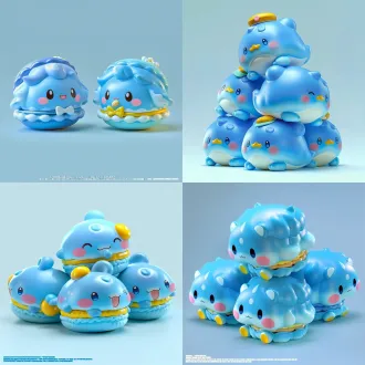蓝色泡泡系列人物玩偶，居中构图，潮玩风格，哑光pvc质感，纯色浅灰背景，85mm定焦镜头，柔光侧打，细腻肌理，清新马卡龙蓝，治愈软萌。