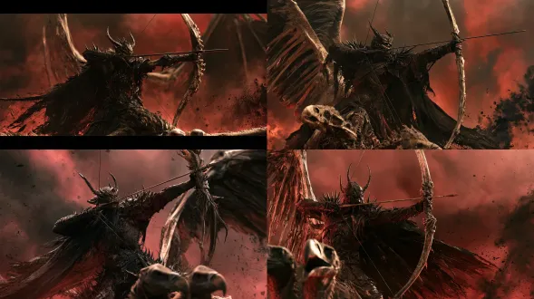prompt: epic realistic, cinematic war movie style. a fierce eastern demon general is drawing a massive bone-carved longbow, aiming upwards. he is wearing spiked dark iron armor and a tattered black cape. he has a bronze ghost-face helmet with short horns, and large, half-skeletal wings on his back. he is riding a gigantic two-headed skeletal vulture. the atmosphere is thick with dark red smoke and black ash. extreme tension on the bowstring, gritty texture, highly detailed, 8k.