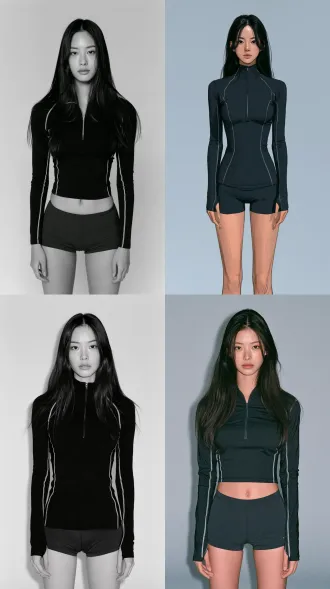 full body character design sheet of a vibrant young asian woman, long straight black hair parted in the middle falling over shoulders. narrow oval face, natural straight eyebrows, slightly elongated eyes with upturned outer corners, double eyelids, obvious aegyo sal, high nose bridge, plump lips. she is standing naturally, hands resting naturally at her sides. calm and gentle expression, looking directly at the camera. wearing a black half-zip long-sleeve sports top with white piping and dark sports shorts. solid light gray background, clean with no clutter. frontal soft lighting, even and gentle illumination, no obvious shadows. film photography texture, slight grain, natural skin tone, unretouched, photorealistic. full body shot, 9:16 vertical aspect ratio, headroom at the top, feet touching the bottom edge. high quality, ultra-detailed, 8k resolution.
