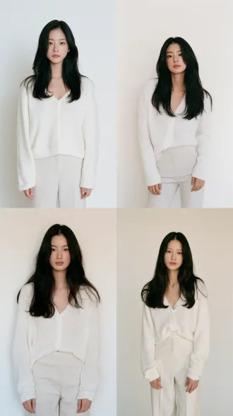 full body character design sheet of a young asian woman with a cool and elegant temperament, long slightly wavy black hair over shoulders. high facial folding degree, smooth oval face, slightly arched natural eyebrows, large deep-set eyes with large dark irises, wide double eyelids, high straight nose bridge, m-shaped lips with a prominent cupid's bow. she is standing naturally, hands resting naturally at her sides. calm and gentle expression, looking directly at the camera. wearing a simple white knit cardigan and light-colored straight trousers. solid off-white background, clean with no clutter. frontal soft lighting, even and gentle illumination, no obvious shadows. film photography texture, slight grain, natural skin tone, unretouched, photorealistic. full body shot, 9:16 vertical aspect ratio, headroom at the top, feet touching the bottom edge. high quality, ultra-detailed, 8k resolution.