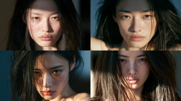 一位东亚明星女性20 岁，无妆造，人物摆出姿势拍摄中景上半身写真，电影级光影，专业摄影构图，色彩分级，景深虚化，剧情张力，画面铺满画幅，
