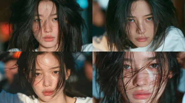 一位韩国明星女性20 岁，无妆造，人物摆出姿势拍摄中景上半身写真，白上衣，电影级光影，专业摄影构图，色彩分级，景深虚化，剧情张力，画面铺满画幅，