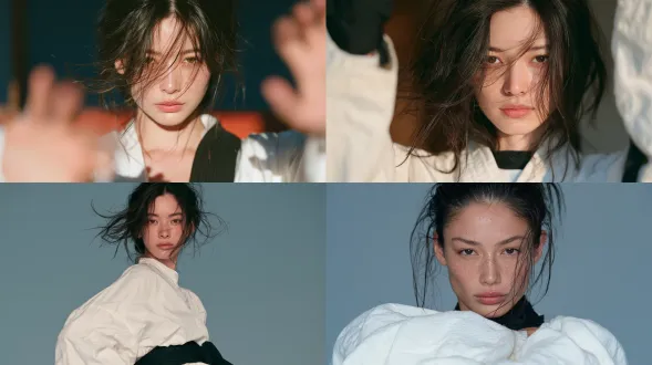 一位日本明星女性20 岁，无妆造，人物摆出姿势拍摄中景上半身写真真实素人感，白上衣黑腰带，电影级光影，专业摄影构图，色彩分级，景深虚化，剧情张力，画面铺满画幅，纯色背景