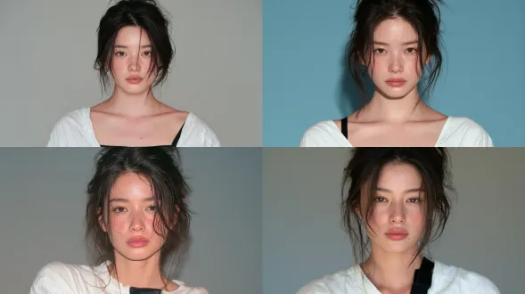 一位日本明星女性20 岁，楚楚可人，甜妹，无妆造，椭圆脸，无明显的突出的下颌骨骼，不要厚嘴唇，人物拍摄中景上半身写真证件照，真实素人感，白上衣黑腰带，头发扎起来，电影级光影，专业摄影构图，色彩分级，景深虚化，剧情张力，画面铺满画幅，纯色背景