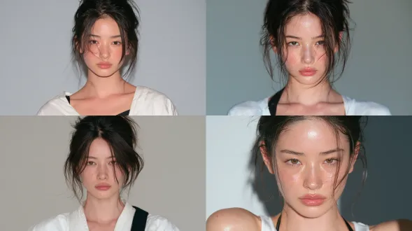 一位亚洲日本明星女性20 岁，楚楚可人，甜妹，无妆造，椭圆脸，无明显的突出的下颌骨骼，不要厚嘴唇，人物拍摄中景上半身写真证件照，真实素人感，白上衣黑腰带，头发扎起来，电影级光影，专业摄影构图，色彩分级，景深虚化，剧情张力，画面铺满画幅，纯色背景