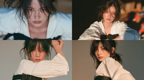 一位亚洲日本明星女性20 岁，楚楚可人，甜妹，无妆造，椭圆脸，人物拍摄中景上半身写真证件照，真实素人感，白上衣黑腰带，头发扎起来，电影级光影，专业摄影构图，色彩分级，景深虚化，剧情张力，画面铺满画幅，纯色背景，无明显的突出的下颌骨骼，不要厚嘴唇，不要油光