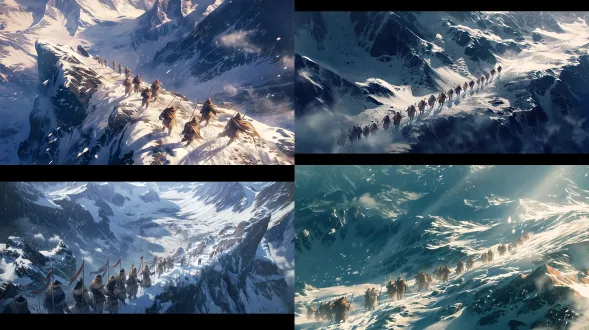 东方玄幻先民跋涉，宽幅电影构图，极远景俯拍，苍茫雪山，粗布麻衣群像，顶风冒雨前行，戏剧侧光，宏大透视，8k清晰度，冷色调，史诗厚重感。