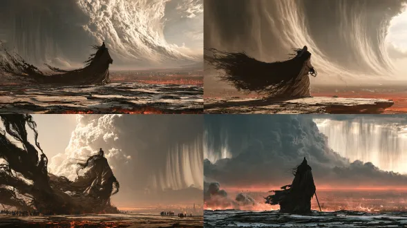 a demonic sovereign standing on a cracked sky-platform above a burning wilderness, tattered black silk robes, long gray hair loose in wind, faint red eyes, black qi coiling around his hands and shoulders, the sky behind him splitting with a massive storm front, rain curtains bending away from his presence, distant cities like embers, muted ash-and-ember palette with red only in his eyes and the horizon glow, overwhelming dread, cinematic film still, photorealistic, ultra detailed
