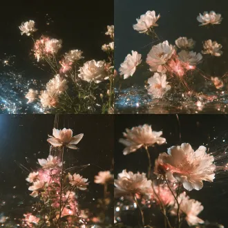 暗黑复古星象肌理风，多层叠印，斑驳纸纹噪点与旧手稿底纹铺垫底色，复古做旧胶片划痕质感。幽暗深空之中，万顷碎钻星河缓缓流淌，漫天星轨线条缠绕盛放的纯白蔷薇，花瓣薄透通透，沾附着流动的细碎星光。粉紫色柔光弥散晕染在花簇与星河之间，深色背景沉郁静谧，光点虚实交错，兼具圣洁温柔与诡秘复古的浪漫质感。