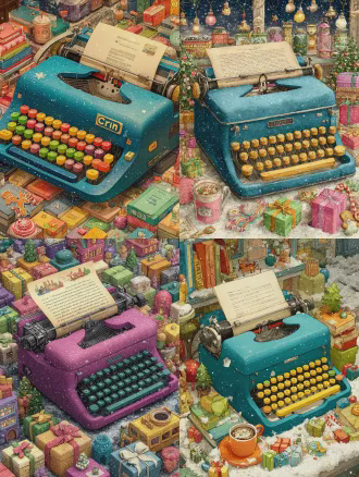 watercolor style, christmas-themed typewriter keyboard adorned with santa claus' sleigh, reindeer, snowflakes, christmas trees, candy canes, gift boxes, snowball ornaments, gingerbread men, hot chocolate, and colorful lights. the background features a starry night sky. the colors are vibrant, the details rich, creating a festive atmosphere that is warm and bright. the perspective is a bird's-eye view, with soft lighting, high saturation, decorative composition, and a playful charm.