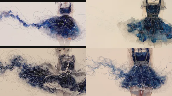 给我一个中式魔法氛围插图，运用水墨画兼工笔画画法的结合。突出着水墨的晕染感但又有线条感同时兼容低多边形极简主义风格，不要颗粒感。配色采用高饱和赛璐璐。要包含一位身着中式传统款式通透gossamer裙的中国少女，但带有欧式的荷叶边和女仆装一样的褶皱风格，以及公主裙的蓬松裙摆和灯笼袖