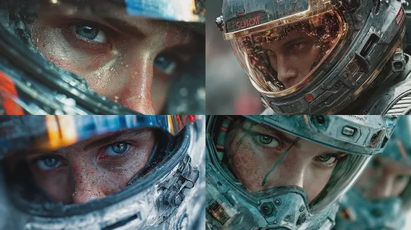 未来世界，科技感保护赛车手服指挥官，超高分辨率，最高质量，全身全景的指挥官站立，严肃表情，金属质感，广角镜头，全景视角，冷色调，高光反射，机械细节，动态模糊，未来感，科技感，紧张氛围。