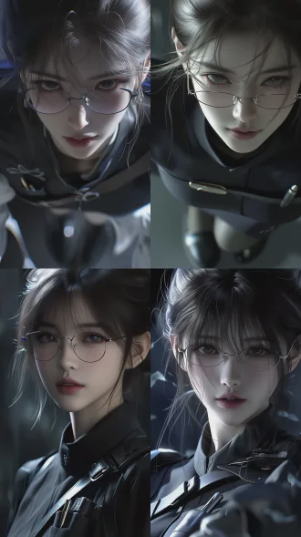 top-tier 3d anime cgi, 3d sci-fi game character, final fantasy, 20-year-old east asian woman, wearing single-lens black oval narrow-frame glasses, blunt oval face, almond-shaped eyes, elongated eye shape, slightly drooping outer corners, sparse and straight eyebrows, straight and delicate nose, thin lips, light makeup, priest robe, wide leather belt, pen clipped onto chest pocket, flat shoes, black updo, relaxed, clean, gentle temperament, slightly aloof, tired, non-aggressive. slight motion blur, cinematic lighting, high contrast, vibrant colors, ultra-high detail, realistic details giving the character a lifelike sense.