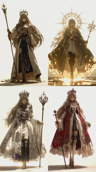 顶级质量3d动漫cgi，白色背景下的全身单角色全景视角，一个神性角色，充满威压，荆棘花冠，身穿祭祀长袍，胸甲，裙甲，长靴，手持权杖，长发飞舞，金色瞳孔，真实发丝和服饰道具细节，次世代真实cg游戏风格，使用ue5和octane渲染，8k超高清电影光效，柔和的侧后光照，全身正面视角，精致肌肤，轻微动态模糊，电影光效，高对比度，色彩鲜艳，极其细致，逼真细节让角色栩栩如生
